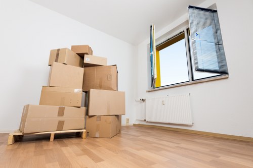 Packed household boxes ready for removals in Shoreditch flat
