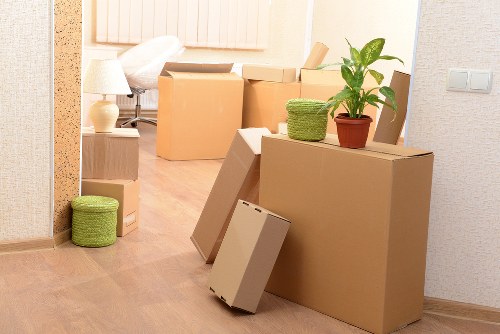 Professional man and van team packing boxes for a move